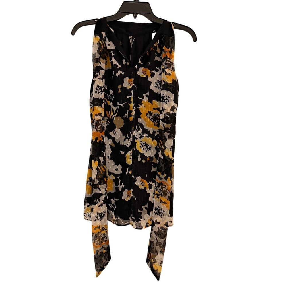 White House Black Market Size 0 Floral Blouse Black Yellow Metallic - Picture 5 of 10